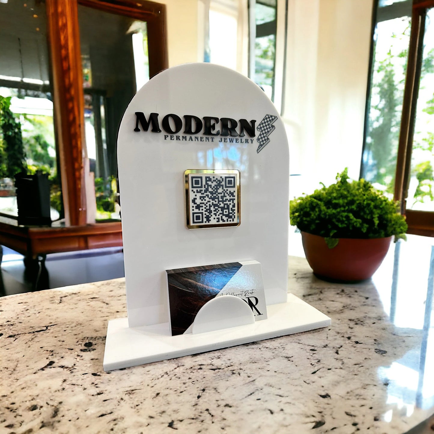 Arched Single QR Code Sign with Business Card Holder