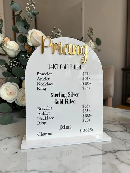 Arched Pricing Sign for Counter | Acrylic Price List Display