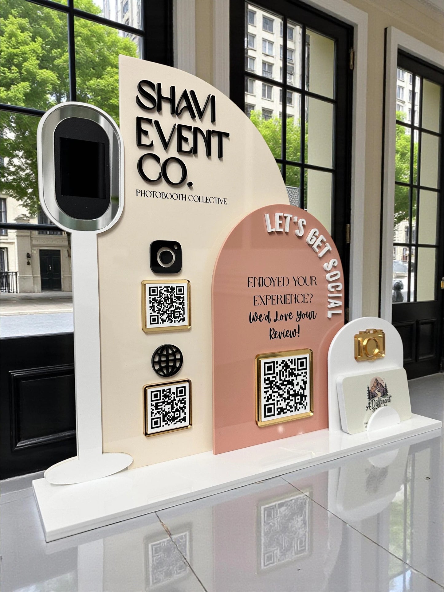 Triple Arch Photobooth Three QR Code Display with Business Card Holder