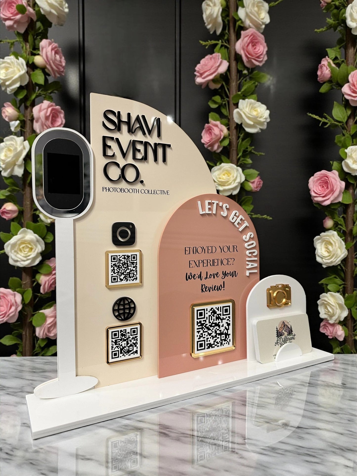 Triple Arch Photobooth Three QR Code Display with Business Card Holder