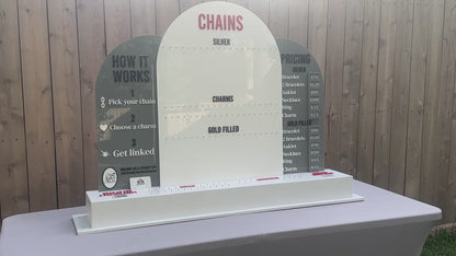 Large Permanent Jewelry Display Stand with Chain Board,  Interchangeable Pricing & How-It-Works Panels