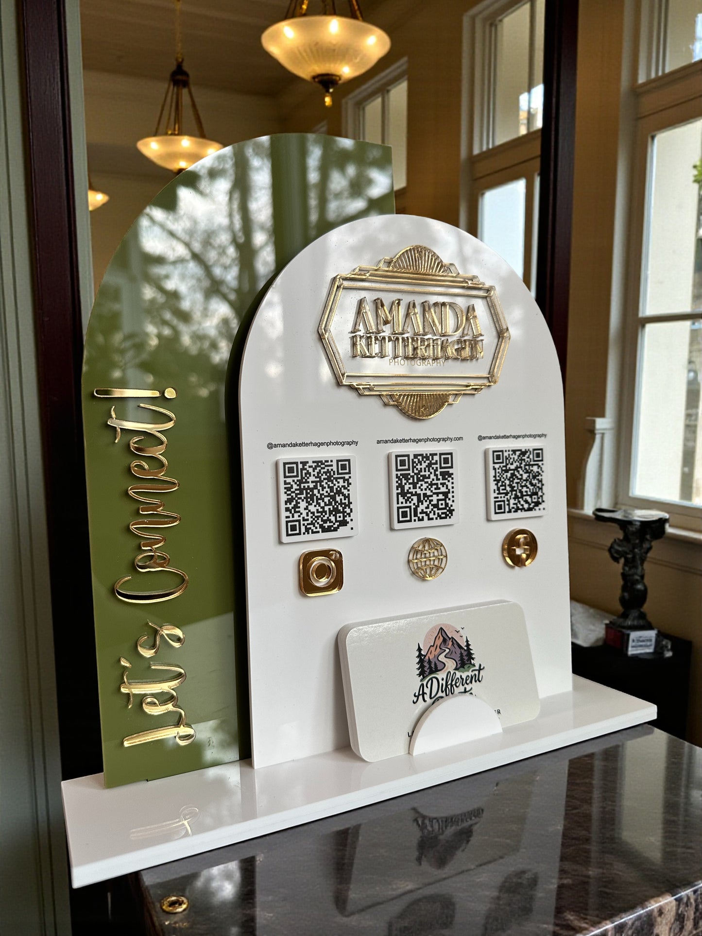 Double Arch Three QR Code Sign with Business Card Holder