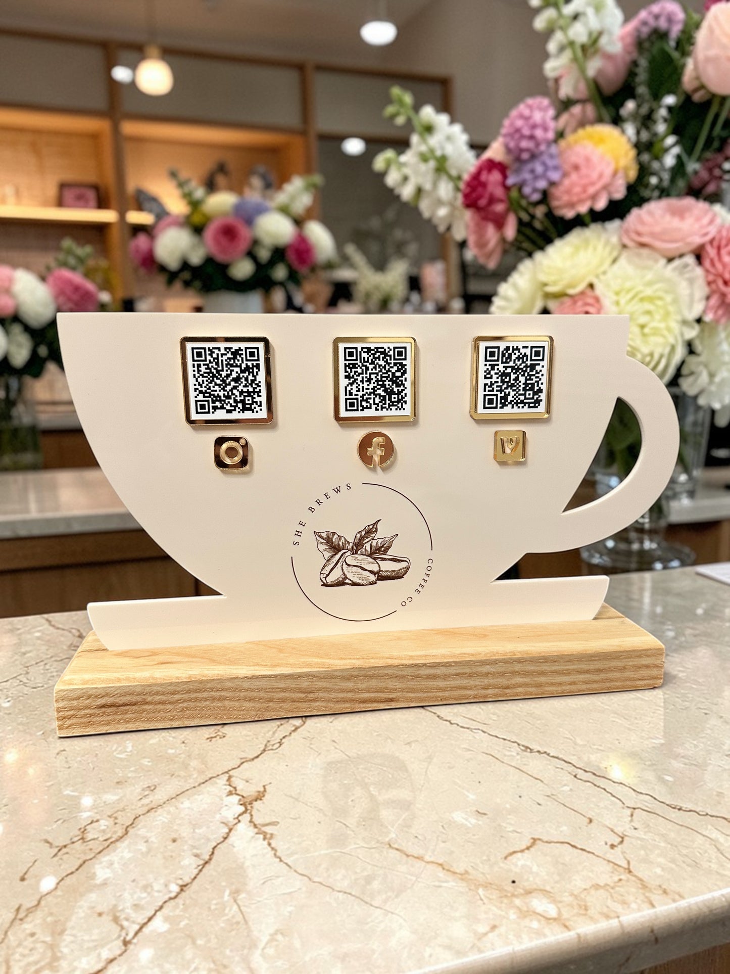 Custom QR Code Coffee Cup Sign, Hardwood Base, Vendor Events