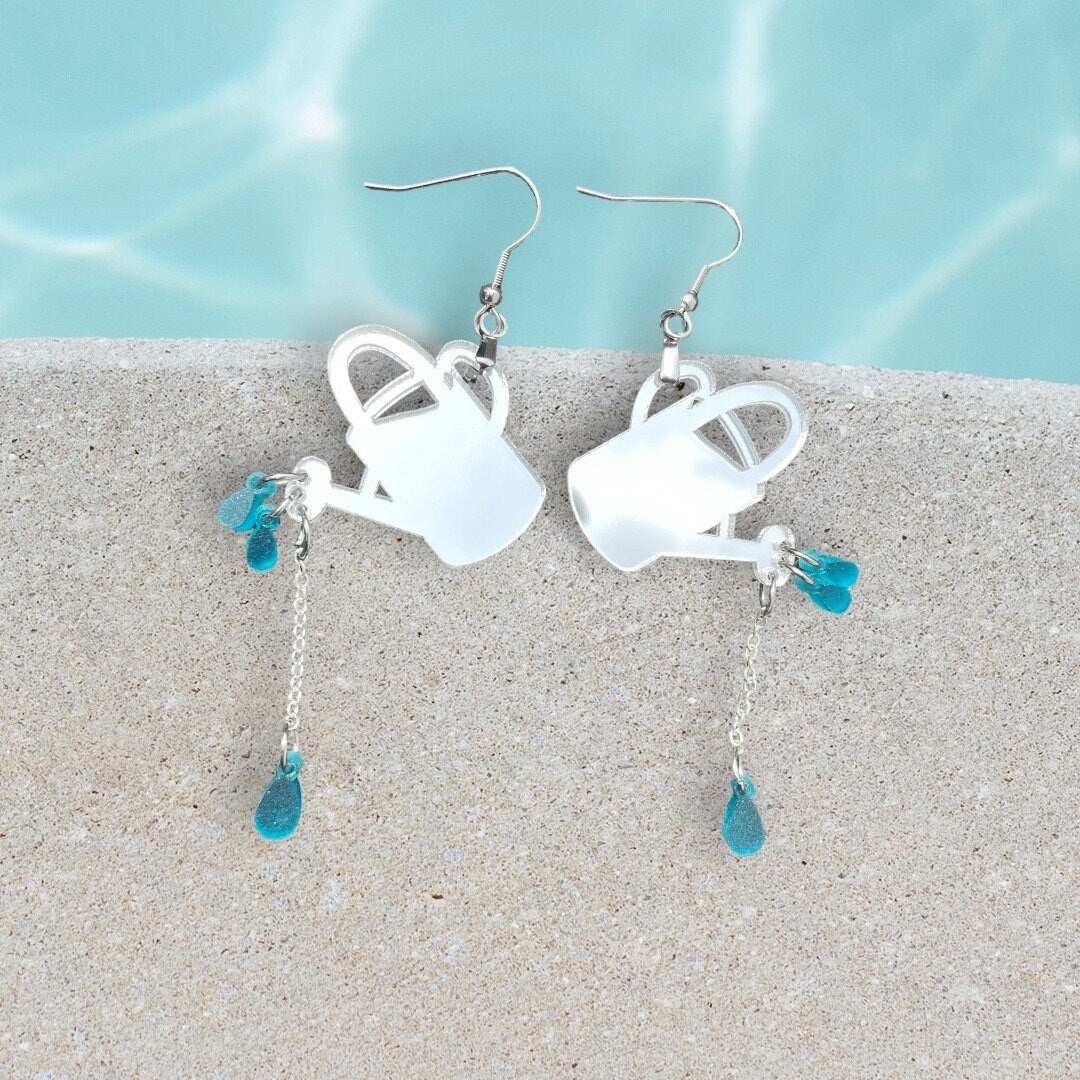 Watering Can acrylic earrings - Mirror and reflective dangles, statement earring, chains