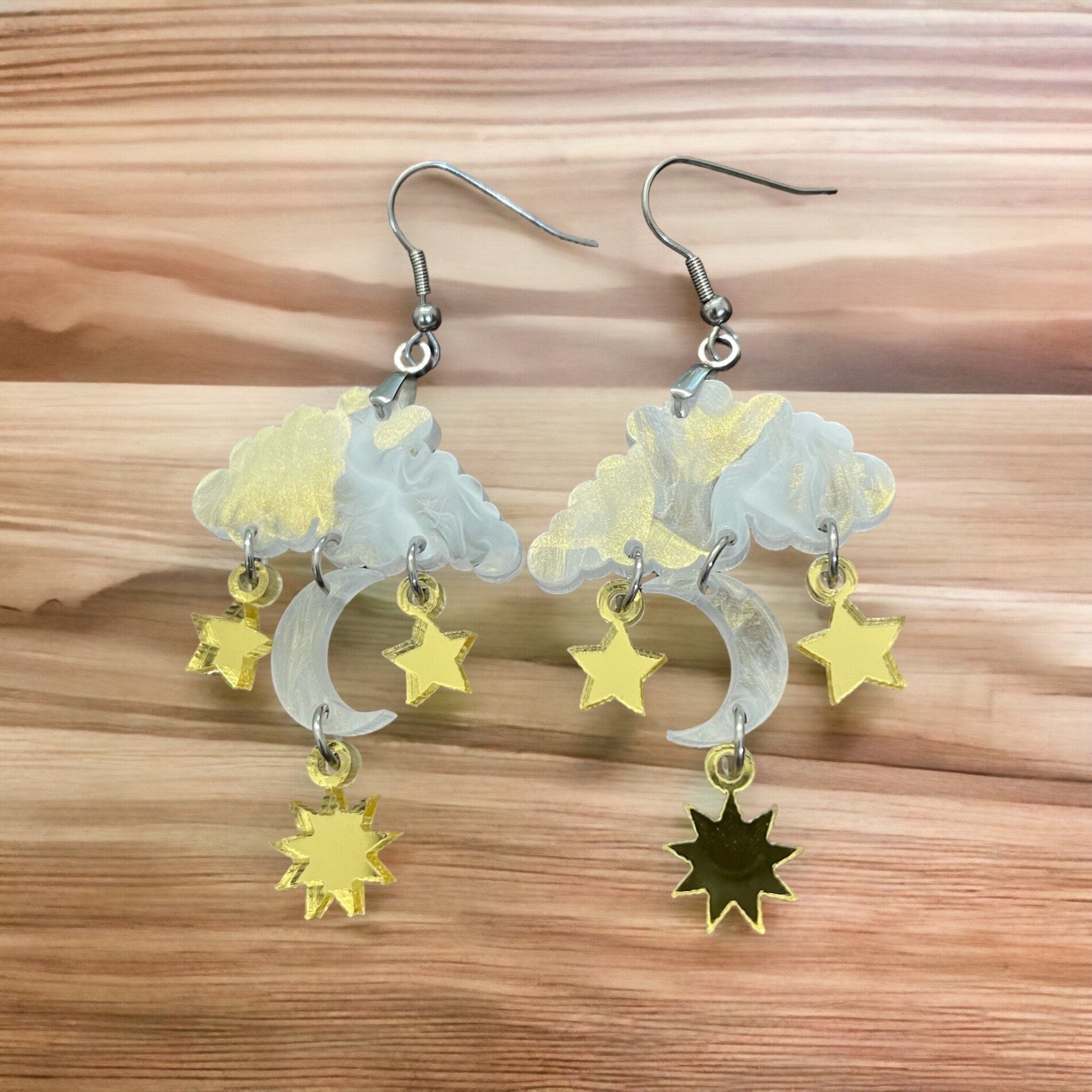 Acrylic Cloud Dangle Earrings, Moon, Sun, and Stars Charms, Raindrop Earrings, Handmade Weather Drops