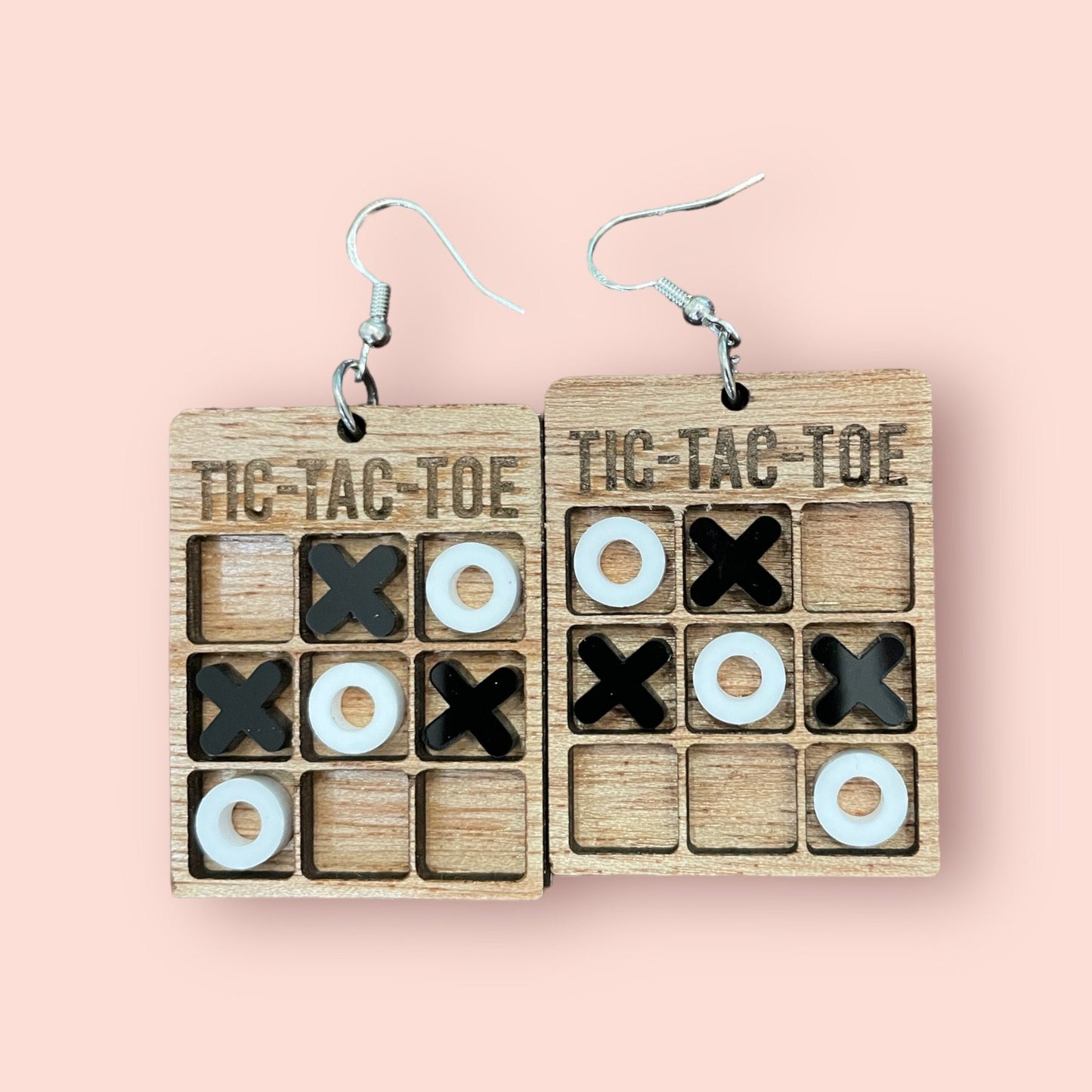 Tic Tac Toe miniature earrings, dangle wood and acrylic unique earring, teacher, mini
