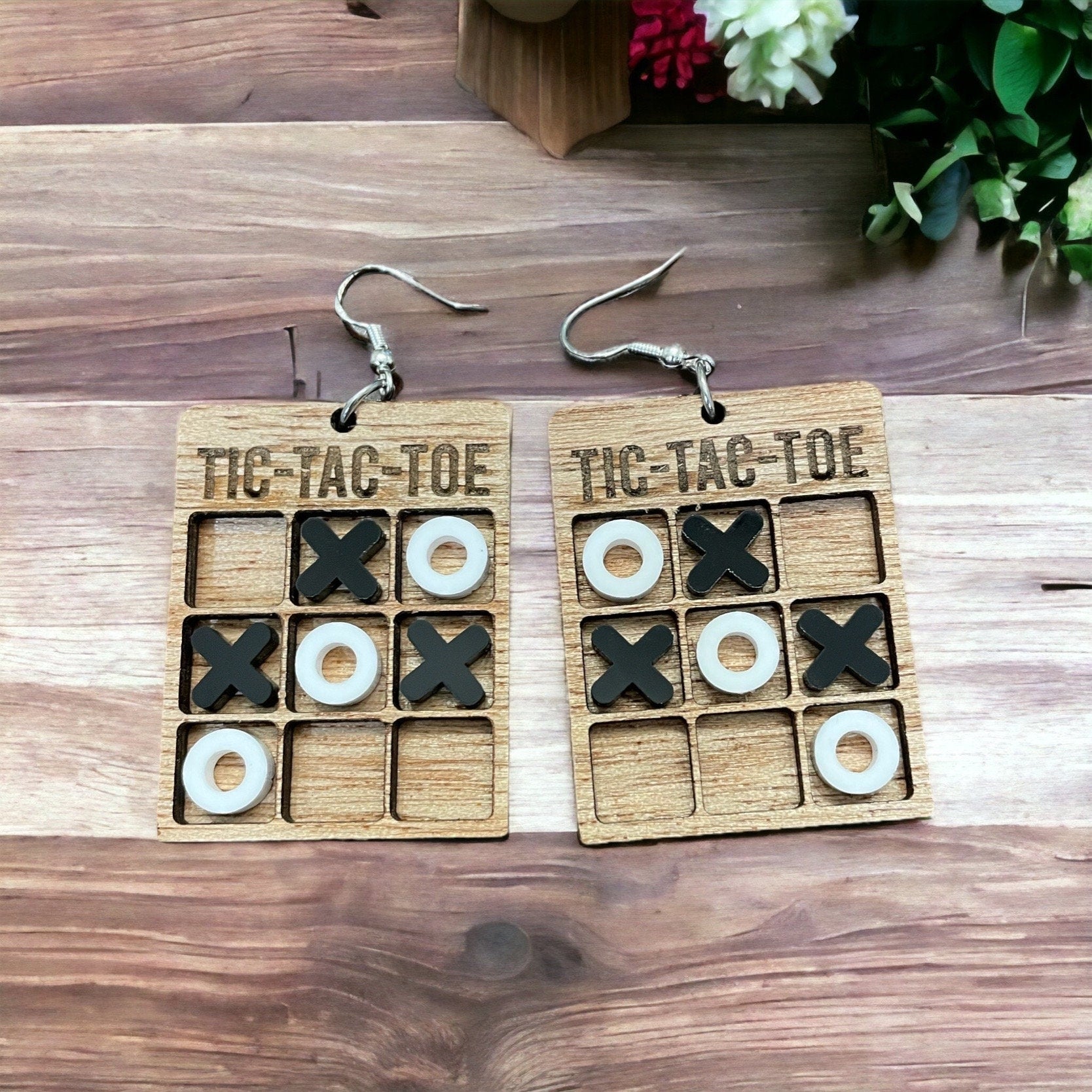 Tic Tac Toe miniature earrings, dangle wood and acrylic unique earring, teacher, mini