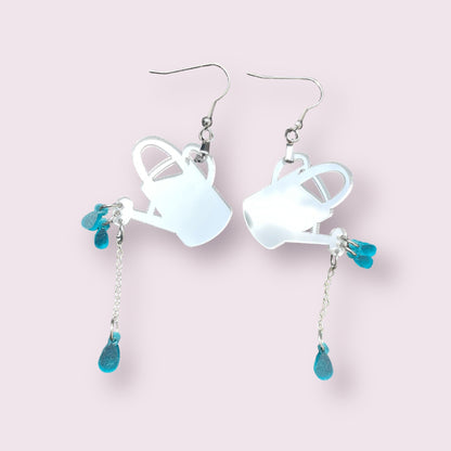 Watering Can acrylic earrings - Mirror and reflective dangles, statement earring, chains