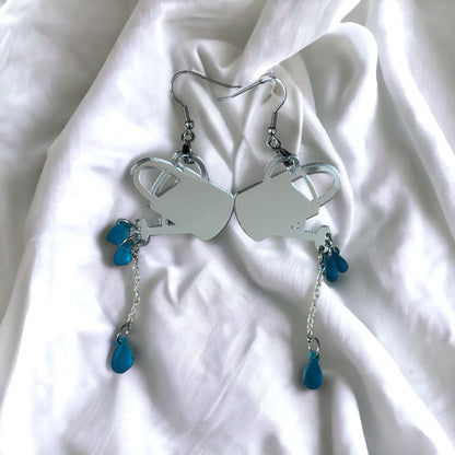 Watering Can acrylic earrings - Mirror and reflective dangles, statement earring, chains