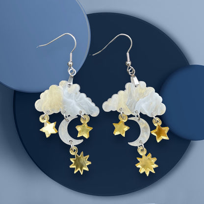 Acrylic Cloud Dangle Earrings, Moon, Sun, and Stars Charms, Raindrop Earrings, Handmade Weather Drops