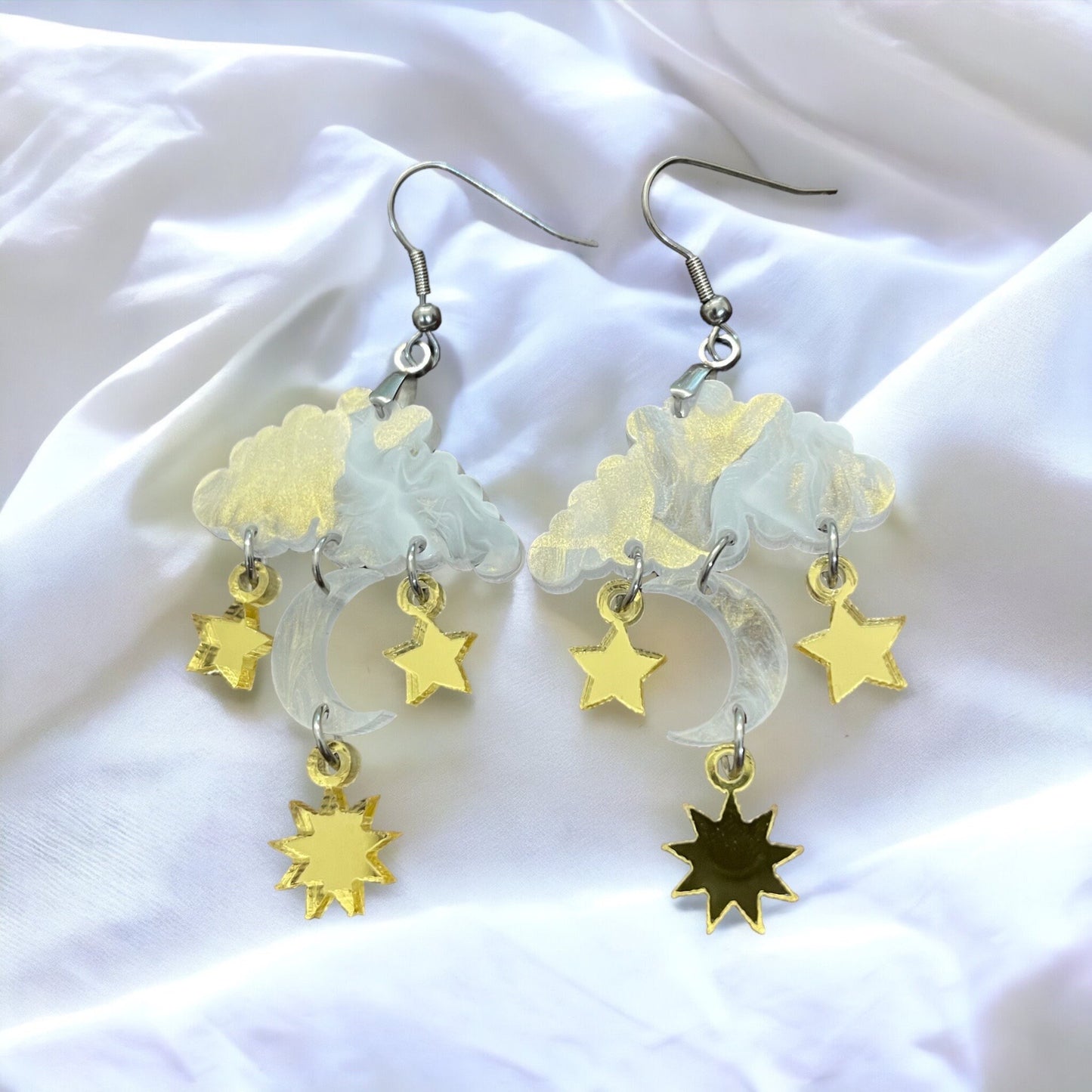 Acrylic Cloud Dangle Earrings, Moon, Sun, and Stars Charms, Raindrop Earrings, Handmade Weather Drops