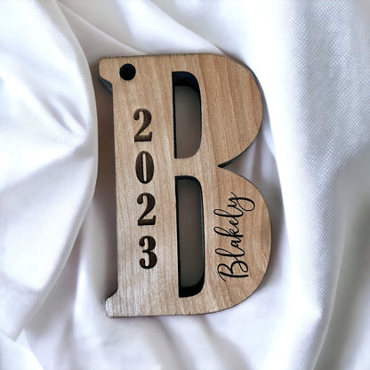 Solid Wood Alphabet Initial Ornament, Christmas Tree Baby Letter, Baby's First Christmas
