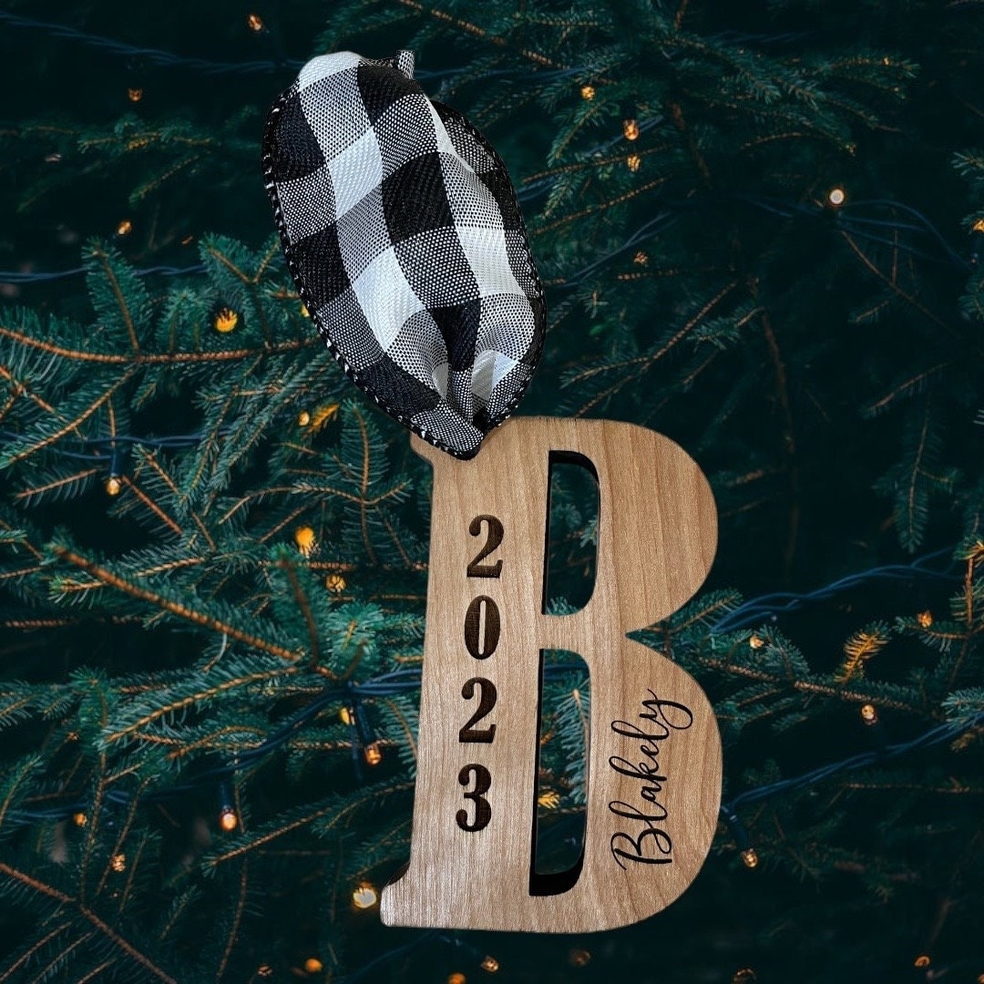 Solid Wood Alphabet Initial Ornament, Christmas Tree Baby Letter, Baby's First Christmas
