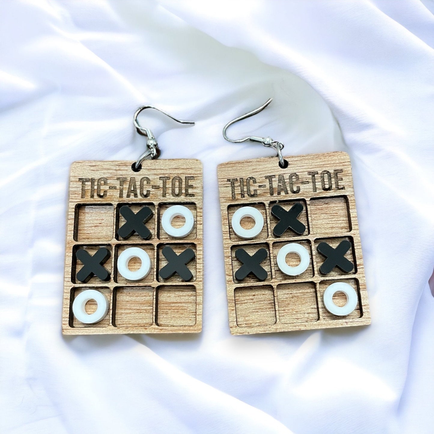 Tic Tac Toe miniature earrings, dangle wood and acrylic unique earring, teacher, mini