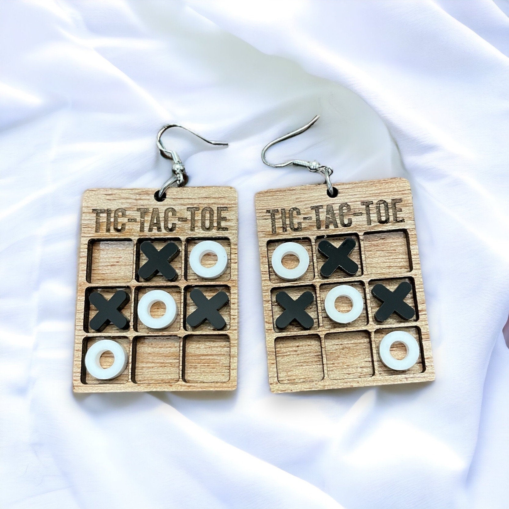 Tic Tac Toe miniature earrings, dangle wood and acrylic unique earring, teacher, mini