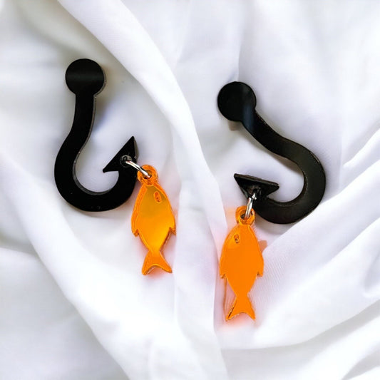 Fish Hook Acrylic Dangle Earrings, Aquarist Earring, Fishing Hook with Fish