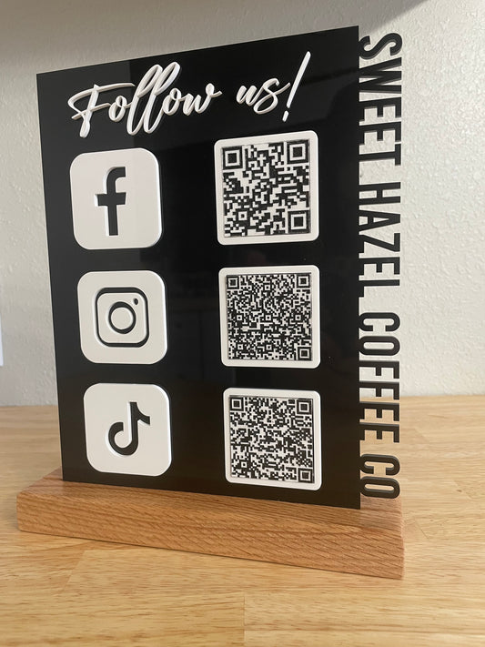 Business QR Code Social Media Sign, 3 Code Sign, Custom Codes, Solid Wood Base, Business Name, Desktop Sign