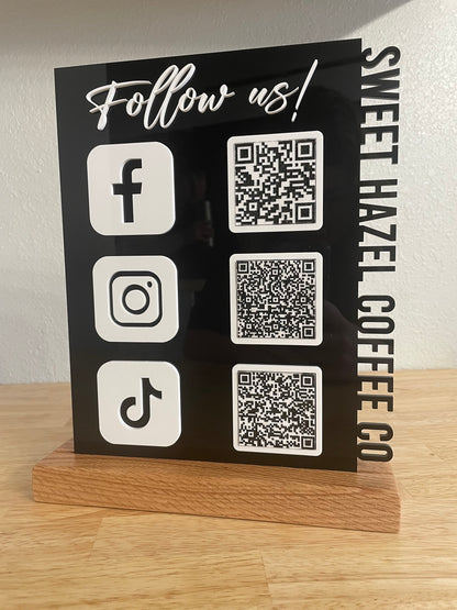 Business QR Code Social Media Sign, 3 Code Sign, Custom Codes, Solid Wood Base, Business Name, Desktop Sign