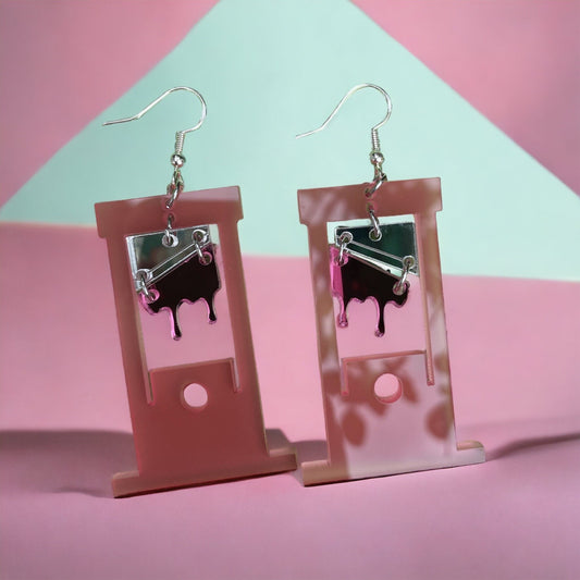 Pink Guillotine Earrings, Acrylic Laser Cut Earrings, Handmade, Frosted Pink, Pink Blood, Halloween