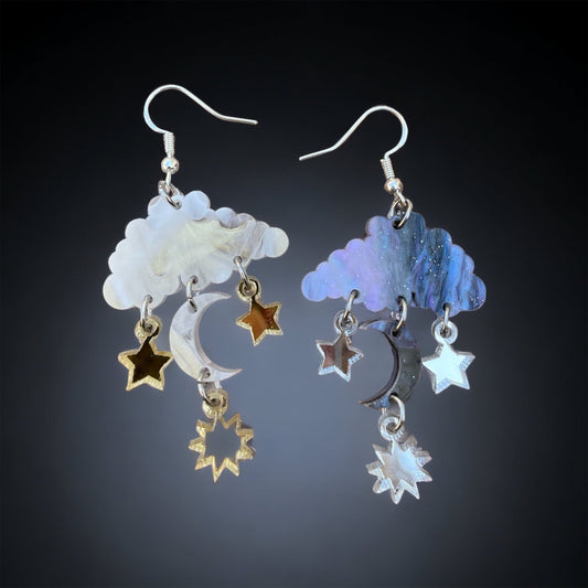 Light and Dark Cloud Earrings, Acrylic Dangles with Mirror Shine, Moon, Sun, and Stars Charms, Raindrop Earrings, Handmade, Laser Cut