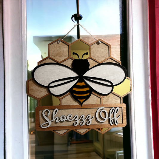 Door Hanging Bee Sign Shoes Off, Wooden Sign, Door Hanger, Cute Summer, Fall, Bumble Bee