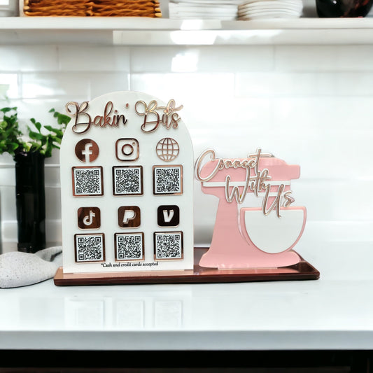 Custom Six QR Code Mixer Stand, Acrylic Marketing Review Sign, Tabletop Vendor Event Sign, Baking and Dessert Sign for Social Media