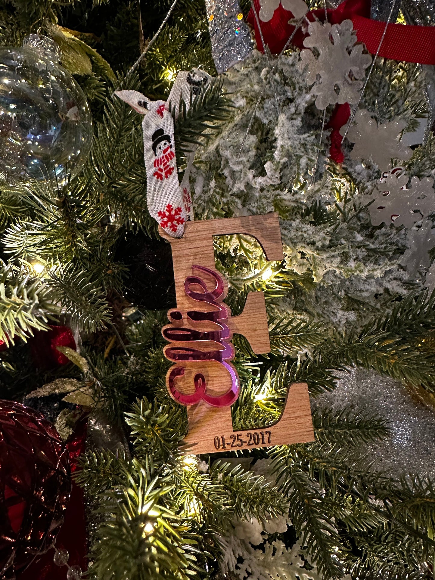 Wood and Acrylic Personalized Name Ornament with Birthday or Special Date, Christmas Tree, Holiday Ornament