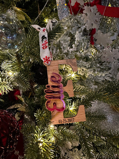 Wood and Acrylic Personalized Name Ornament with Birthday or Special Date, Christmas Tree, Holiday Ornament